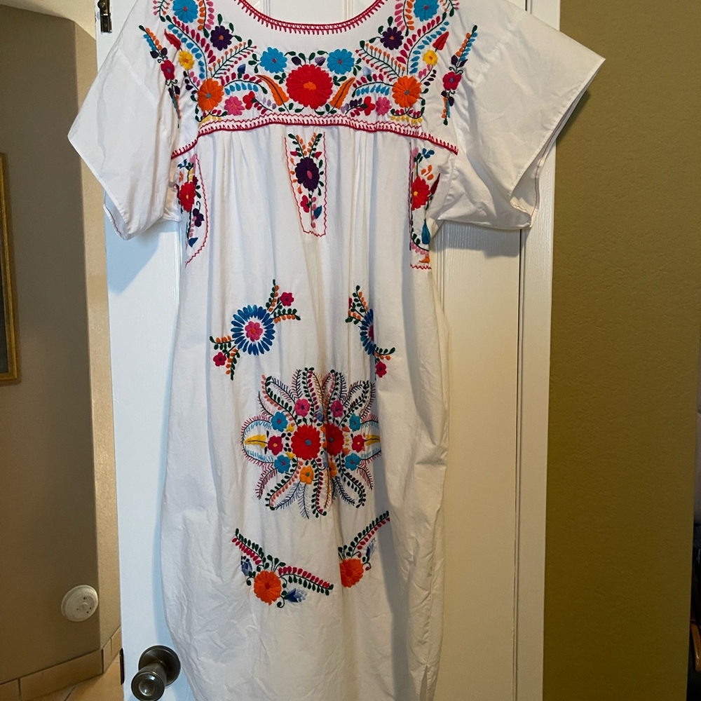 Authentic Mexican Embroidered White Midi Dress
